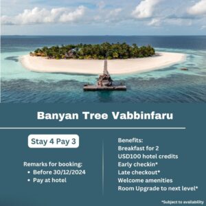 A-Banyan Tree Vabbinfaru Stay 4 Pay 3, USD100 Credits, Free Breakfast and More